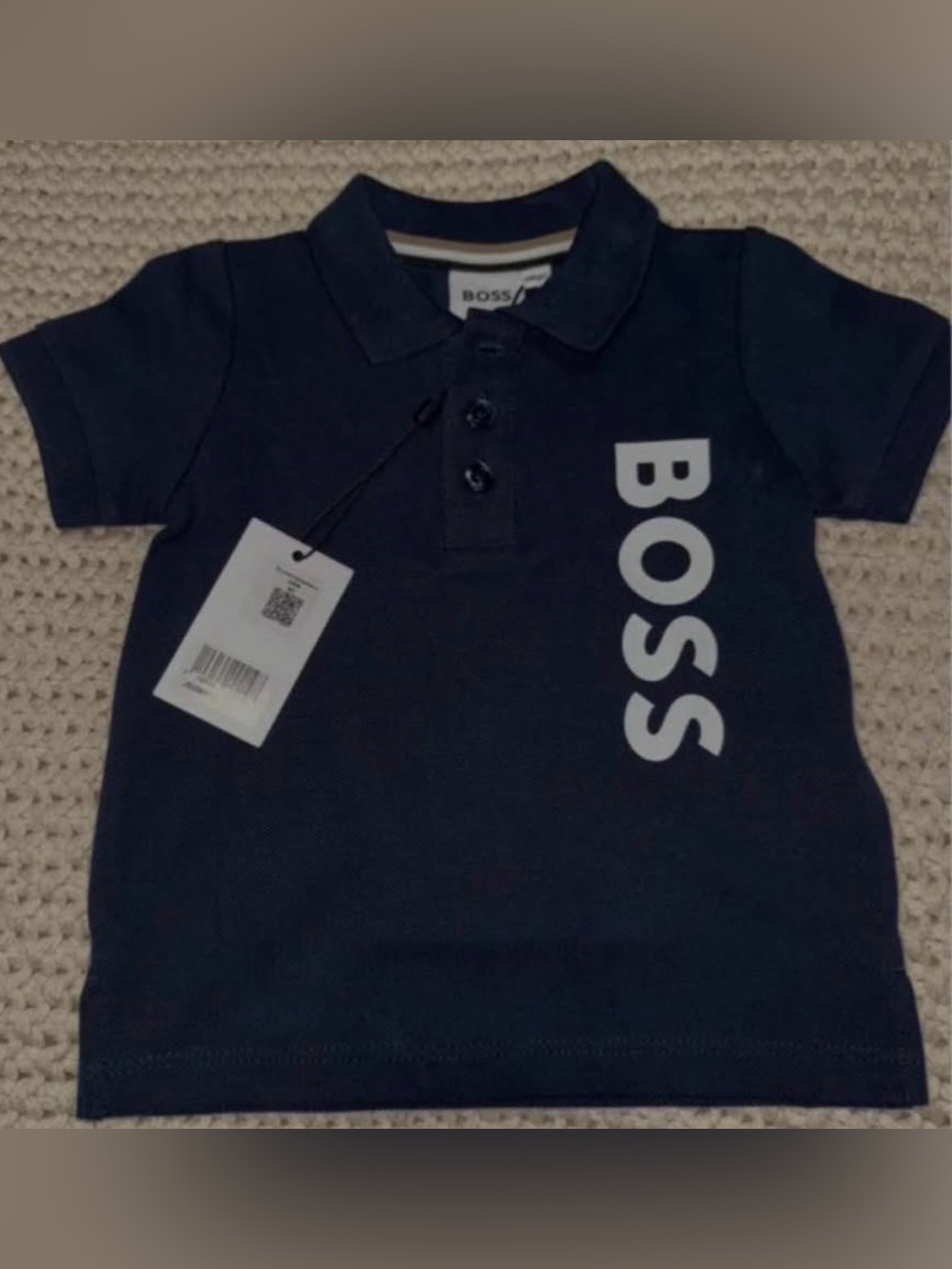 Boss Navy Kids Polo with White Vertical Logo